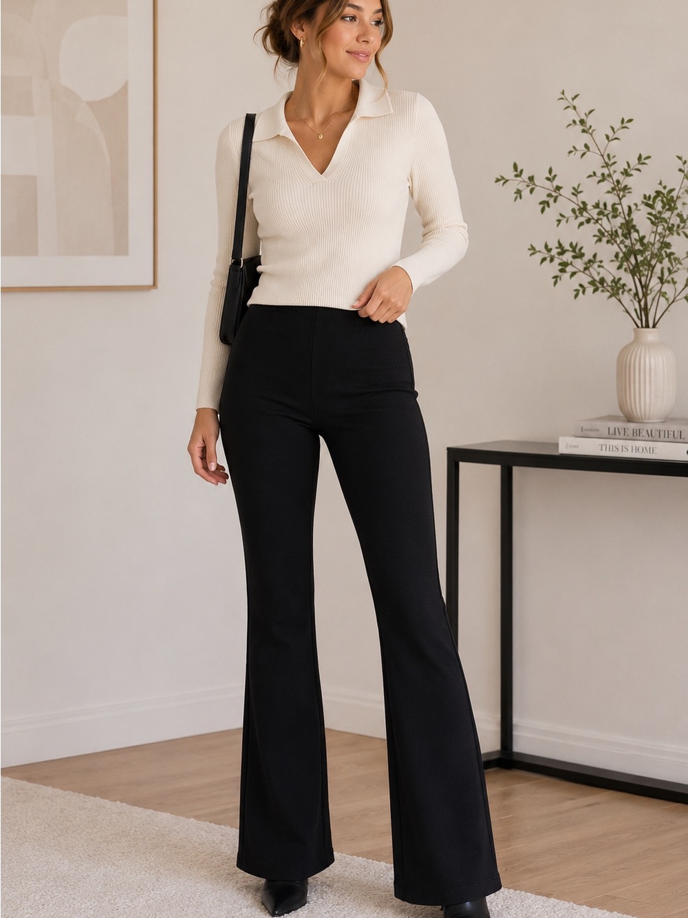 Zara Black Ponte Flare Pants Small High Rise Bootcut Stretch Trousers